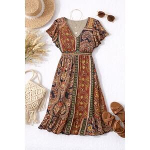 Harper Bohemian Print Midi Dress Womens M Paisley Patchwork V-Neck Medium